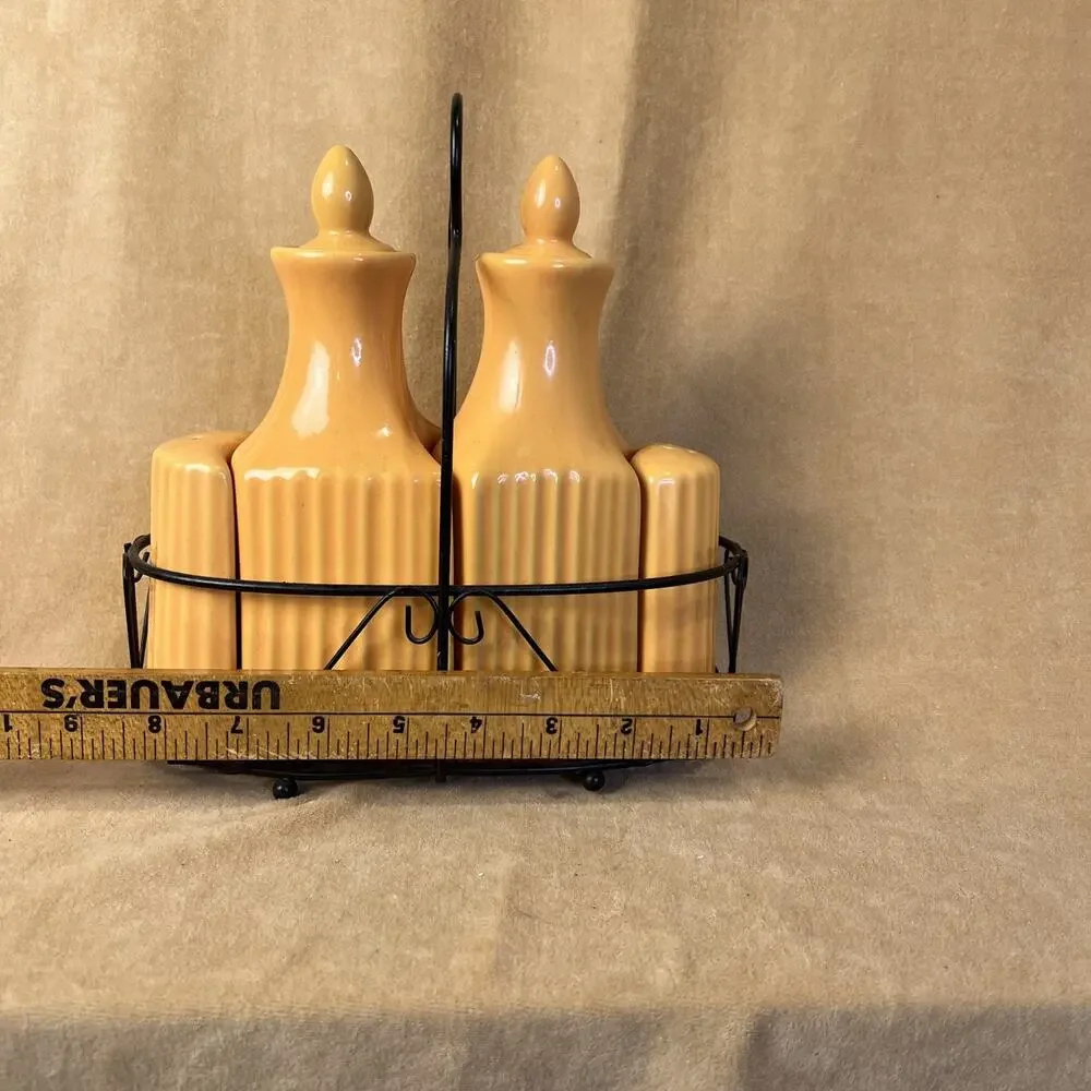 TEMPTATIONS‎ ORANGE CERAMIC OIL & VINEGAR CRUET SALT & PEPPER SHAKER CADDY SET
